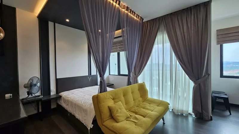 Bedroom features: queen-size bed with white bedding, yellow fabric sofa bed, floor-to-ceiling windows, sheer curtains, blackout curtains, dark wood flooring, wall-mounted fan, decorative wall paneling, recessed ceiling lights; style: modern; view: city.