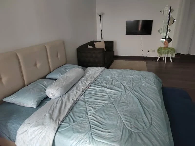 Bedroom features: king-size bed with upholstered headboard, light blue bedding, decorative throw pillows, dark brown sofa, wall-mounted TV, area rug, floor lamp, wooden flooring, white painted walls; style: modern.