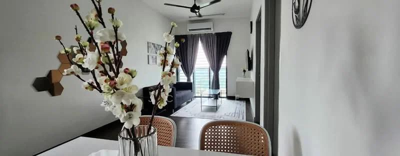 Living features: dark wood flooring, white painted walls, 5-blade ceiling fan with light, floor-to-ceiling windows, sheer curtains, black sofa, glass coffee table, decorative wall clock, area rug with geometric pattern, decorative wall art, hexagonal wall decor, plant arrangement in vase; style: modern; view: city.