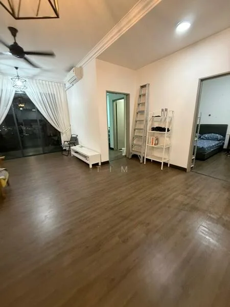 Room features: laminate flooring, white painted walls, crown moulding, 5-blade ceiling fan, recessed downlights, floor-to-ceiling windows, sheer curtains, open shelving unit, ladder, doorway leading to another room; style: modern; view: city.