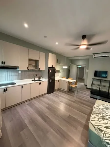 Kitchen features: white cabinetry with flat-panel doors, grey tiled backsplash, single-bowl stainless-steel sink, chrome pull-down faucet, built-in oven, stainless-steel fridge, 4-burner gas hob, pendant light above countertop, ceiling fan, grey laminate flooring, open layout with dining area, window with sheer curtains; style: modern.