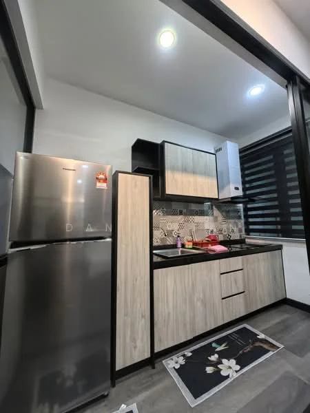 Kitchen features: stainless-steel fridge, black countertop, wood cabinetry with light finish, black sink, chrome pull-down faucet, tile backsplash with geometric pattern, built-in oven, induction hob, recessed LED downlights, sliding glass window with black frames, area rug with floral pattern; style: modern.