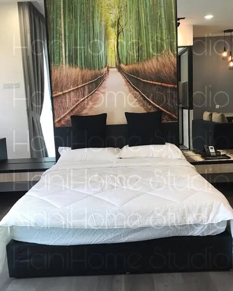 Bedroom features: king-size bed, upholstered headboard, white bedding, wooden flooring, large wall mural of a forest path, two black cushions, recessed lighting, curtains, built-in shelf, decorative wall panel; style: modern.