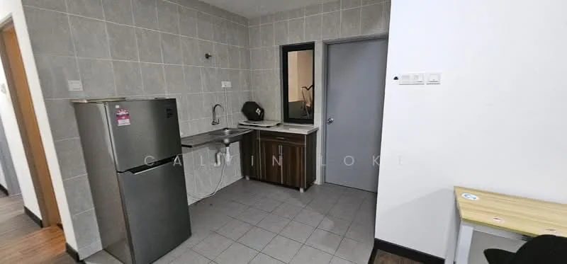 Kitchen features: grey tiled walls, grey tiled flooring, stainless-steel fridge, single-bowl stainless-steel sink, chrome pull-down faucet, wooden cabinetry, countertop with backsplash, window for natural light, kitchen countertop, wall-mounted light fixture; style: modern.