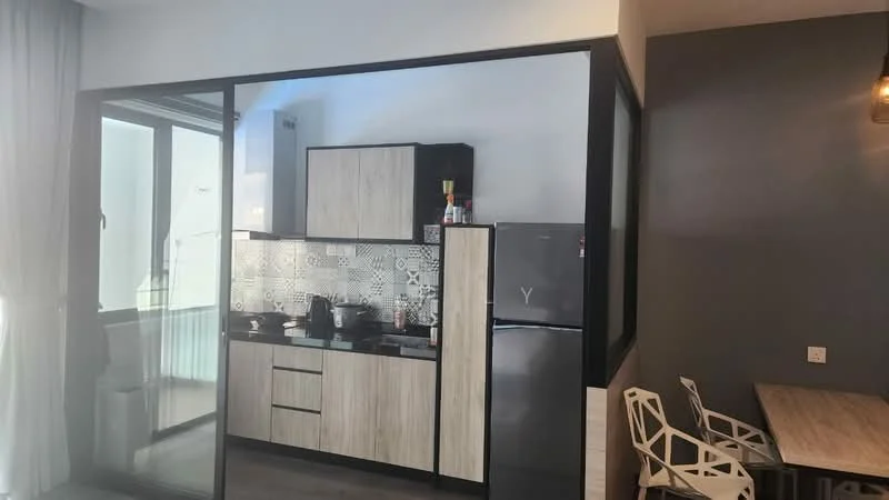 Kitchen features: black countertop, stainless-steel sink, chrome pull-down faucet, built-in oven, freestanding range oven, refrigerator, wood cabinetry with light finish, decorative backsplash with geometric pattern, wall-mounted cabinets, open shelving, tile flooring, recessed downlights; style: modern.