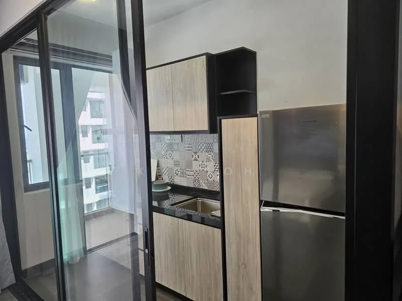 Kitchen features: stainless-steel fridge, single-bowl stainless-steel sink, chrome pull-down faucet, laminate countertop, wood cabinetry with light finish, tile backsplash with geometric pattern, built-in oven, open shelving, floor-to-ceiling windows, grey tile flooring; style: modern; view: city.