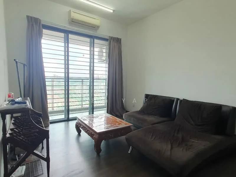 Living features: 2-seater fabric sofa in brown, coffee table with glass top, floor-to-ceiling windows, curtains, air conditioning unit, laminate flooring, wall-mounted decor, view of balcony; style: modern; view: city.