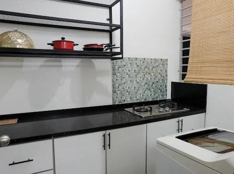 Kitchen features: black granite countertop, white cabinetry with black handles, open shelving, gas stove with two burners, mosaic tile backsplash, washing machine, window with bamboo blinds, stainless-steel sink; style: modern.
