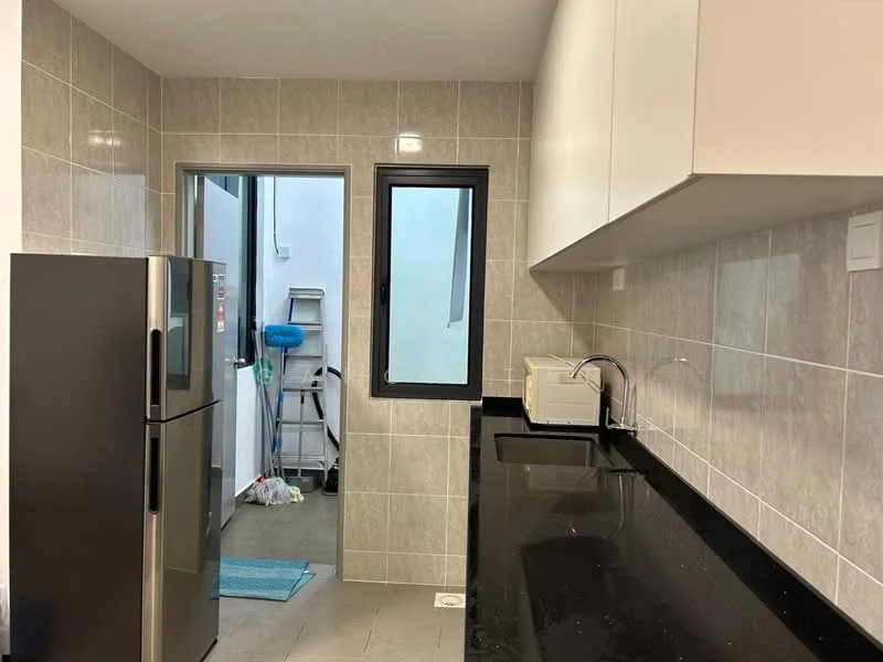 Kitchen features: black granite countertop, white upper cabinets, grey tiled walls, grey tiled flooring, stainless-steel fridge, single-bowl stainless-steel sink, chrome pull-down faucet, window with black frame, door leading to utility area, utility area with shelving, blue mat on floor; style: modern. Utility features: shelving unit, blue cleaning supplies, grey tiled flooring.