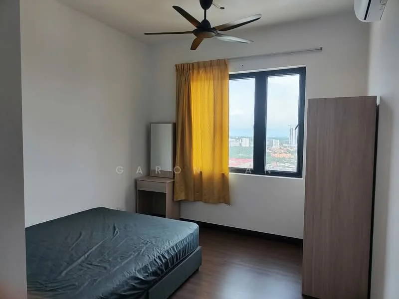 Bedroom features: queen-size bed, wooden wardrobe, study desk, floor-to-ceiling window, yellow curtain, 5-blade ceiling fan, air conditioning unit, dark wood flooring, white painted walls; style: modern; view: city.