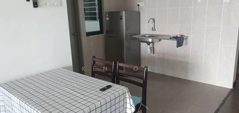 Kitchen features: grey tiled walls, light grey tiled flooring, single-bowl stainless-steel sink, chrome pull-down faucet, stainless-steel fridge, wall-mounted kitchen shelf, dining table with checkered tablecloth, two wooden chairs; style: modern.