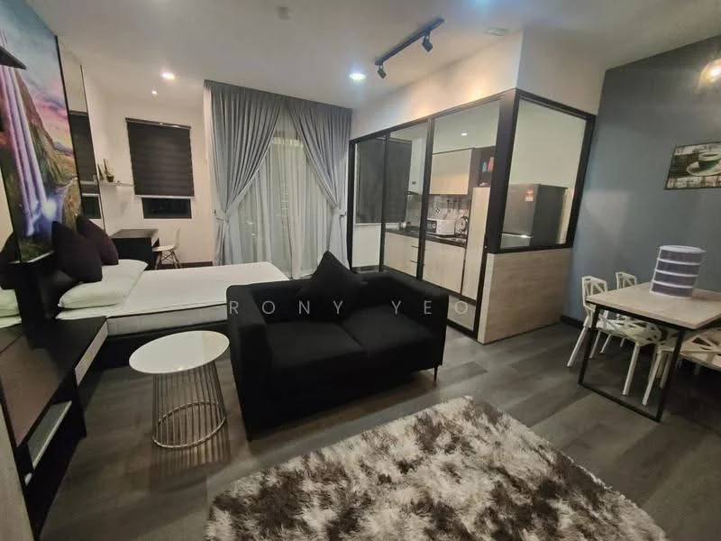 Living features: grey fabric sofa, coffee table with round top, area rug with geometric pattern, wall-mounted TV, open shelving unit, floor-to-ceiling windows with sheer curtains, recessed downlights, laminate flooring, decorative wall art; style: modern. Kitchen features: kitchen island, stainless-steel fridge, built-in oven, freestanding range oven, microwave, cabinetry with flat-panel design, quartz countertop, tile backsplash; style: modern. Dining features: 4-seater dining table, white dining chairs; style: modern. Room features: queen-size bed, bedside lamps.
