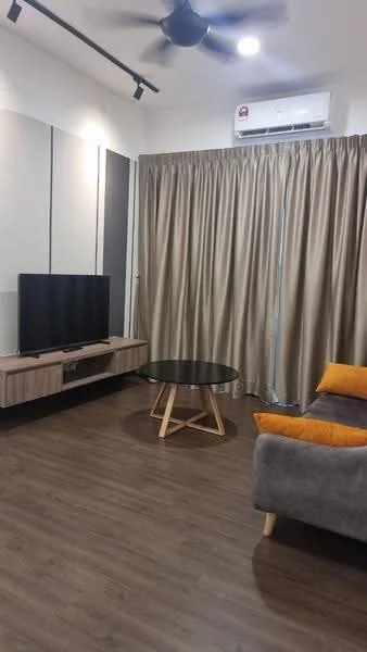 Living features: grey fabric sofa with orange cushions, round coffee table with wooden legs, TV console in light wood finish, wall-mounted flat-screen TV, curtains in beige, wall-mounted split AC unit, recessed ceiling lights, laminate wood flooring; style: modern.