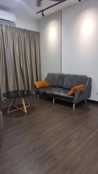 Living features: grey fabric 3-seater sofa, orange accent cushions, round black coffee table with wooden legs, laminate wood flooring, floor-to-ceiling curtains in beige, wall-mounted split AC, recessed lighting, plain white walls, decorative wall mirror; style: modern.