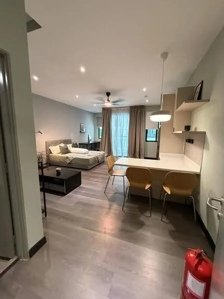 Living features: laminate flooring, light grey painted walls, recessed downlights, 5-blade ceiling fan, floor-to-ceiling window with sheer curtains, sofa, coffee table, dining table with 2 chairs, built-in shelving unit, fire extinguisher, decorative wall art; style: modern.