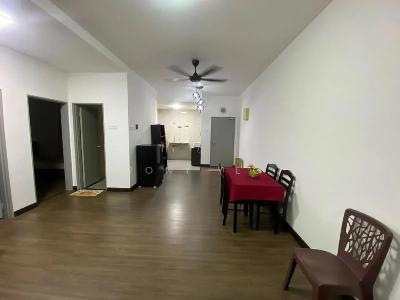 Dining features: wood laminate flooring, white painted walls, 5-blade ceiling fan with light, dining table with red tablecloth, 4 dining chairs, decorative fruit bowl on table, open layout to kitchen, doorway to hallway, doorway to bedroom, wall-mounted light fixtures; style: modern. Room features: white painted walls, wood laminate flooring, open layout, doorway to kitchen, doorway to hallway.