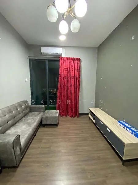 Living features: grey fabric sofa, single armchair, wooden TV console, laminate flooring, recessed downlights, air conditioning unit, floor-to-ceiling windows, red curtains; style: modern; view: city.