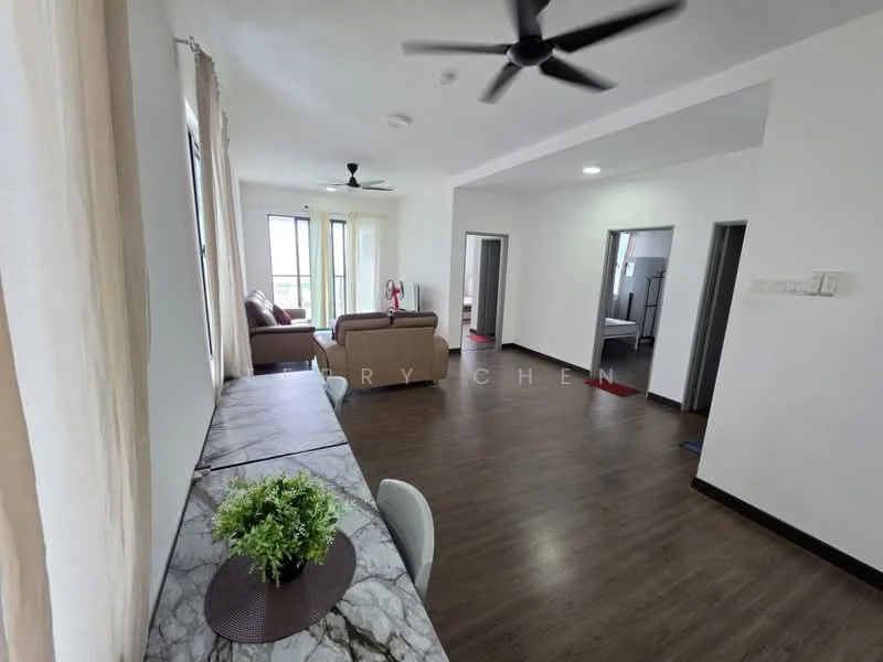 Living features: laminate flooring, white painted walls, 5-blade ceiling fan, sofa in brown, coffee table, floor-to-ceiling windows, curtains, decorative plants, dining table with marble top, chairs; style: modern; view: city. Room features: grey carpet, white painted walls, doorway to other rooms.