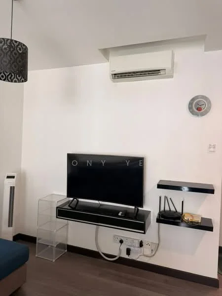 Living features: wall-mounted TV, black TV console, clear acrylic shelving unit, wall clock, 1 wall-mounted split AC, dark wood flooring, white painted walls, pendant light fixture; style: modern.