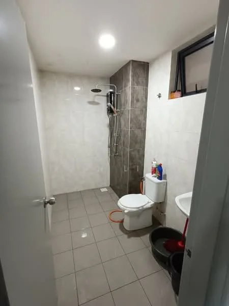 Bathroom features: white tiled walls, grey accent wall, ceramic tile flooring, walk-in shower with overhead shower head, toilet, small sink, window, cleaning supplies on floor, shower hose, shower caddy; style: modern.
