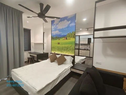 Room features: queen-size bed with white bedding, black fabric sofa, wooden dining table, 4 dining chairs, wall-mounted TV, ceiling fan with light, grey curtains, kitchenette with cabinets, countertop with sink, refrigerator, decorative wall mural of a landscape, wooden shelving unit, laminate flooring; style: modern; view: garden.