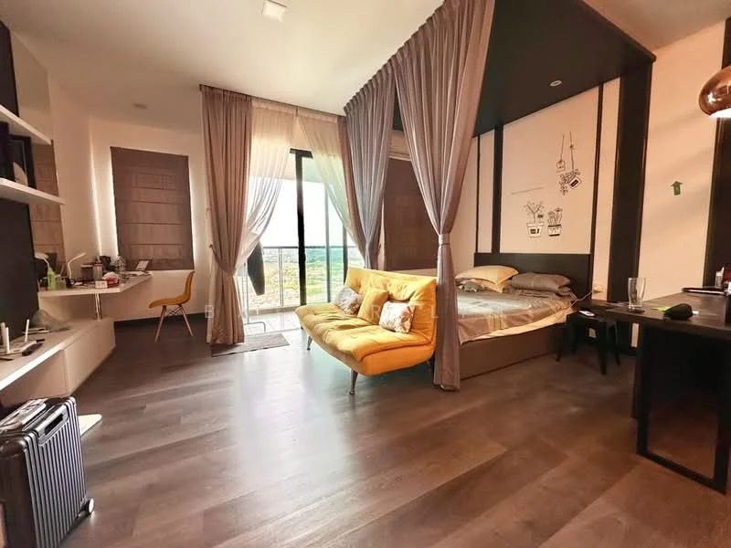 Bedroom features: queen-size bed, upholstered headboard, yellow fabric sofa, floor-to-ceiling windows, sheer curtains, dark accent wall, light wood flooring, decorative wall art, study desk, chair, built-in shelving unit, sliding door to balcony; style: modern; view: city.