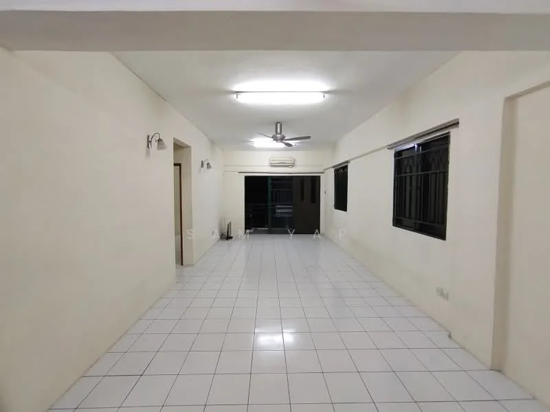 Room features: white painted walls, white tiled flooring, ceiling lights, 5-blade ceiling fan, multiple windows, air conditioning unit, doorway leading to another room, open layout.
