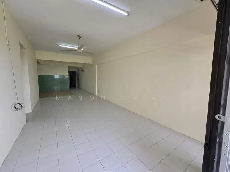 Room features: white painted walls, ceramic tile flooring, fluorescent ceiling lights, ceiling fan, open layout, large windows, neutral color scheme, no visible furniture; style: minimalist.