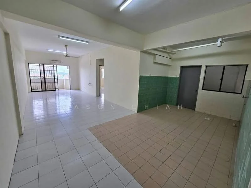 Living features: white painted walls, tile flooring, ceiling lights, floor-to-ceiling windows, sliding glass door, ceiling fan. Kitchen features: green tiled walls, tile flooring, single-bowl stainless-steel sink, wall-mounted cabinets, counter space.