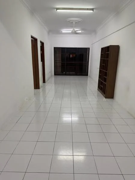 Room features: white painted walls, white tiled flooring, ceiling fan, sliding glass door, built-in bookshelves, large window, recessed lighting; style: modern.