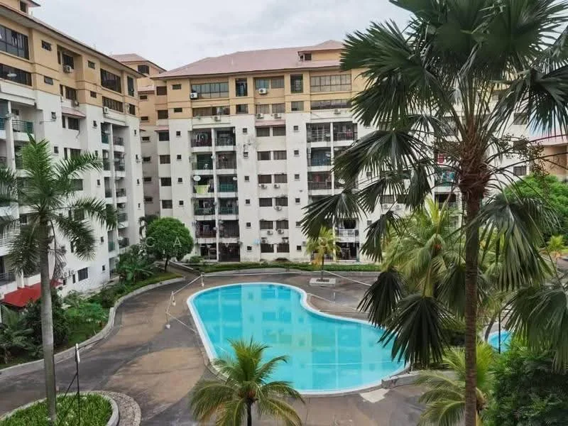 Exterior type: mid-rise condominium; features: swimming pool with curved shape, surrounding palm trees, manicured landscaping, multiple floors visible, balconies on upper floors, parking area visible, walkway around the pool, greenery around the pool area; style: modern.