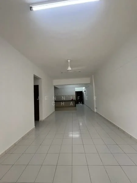 Room features: white painted walls, glossy ceramic tile flooring, ceiling fan, recessed lighting, open layout, kitchen area visible in background, neutral color scheme, no visible furniture; style: minimalist.