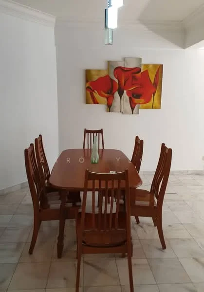 Dining features: wooden dining table, 6-seater dining table, wooden dining chairs, marble flooring, white painted walls, decorative artwork on wall, ceiling light fixture; style: modern.