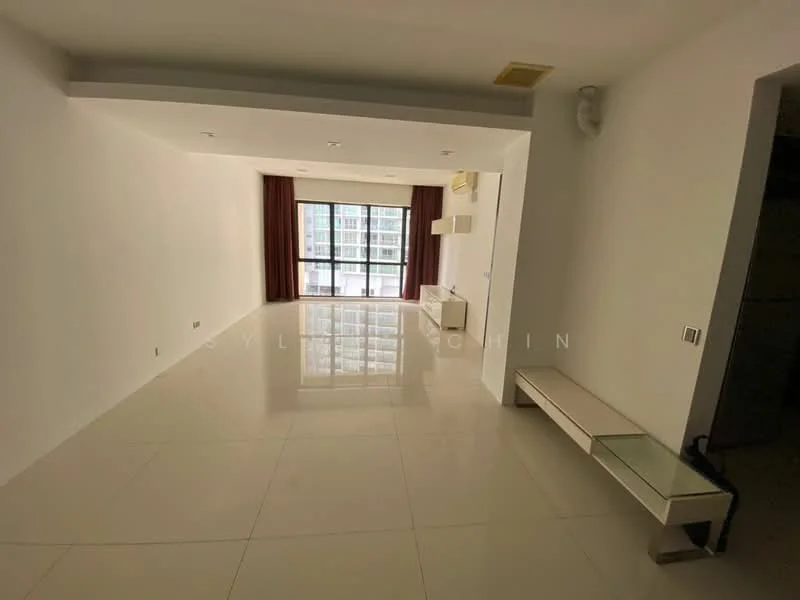Living features: white painted walls, glossy white tile flooring, floor-to-ceiling windows, red curtains, recessed downlights, air conditioning unit, glass console table, open layout; style: modern; view: city.