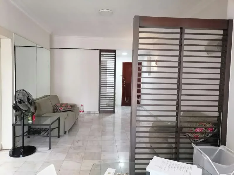 Living features: 3-seater fabric sofa in light grey, metal coffee table, floor fan, marble tile flooring, white painted walls, sliding wooden partition, decorative cushions, mirror on wall; style: modern.