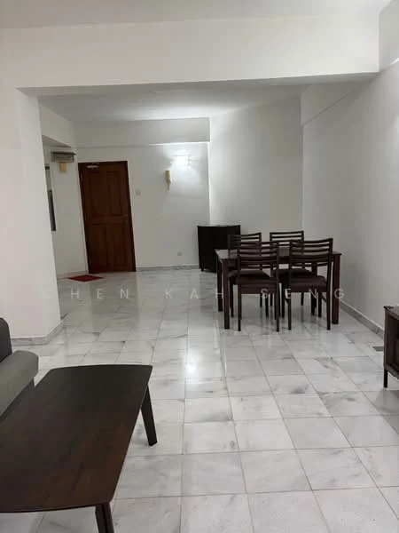 Living features: white painted walls, marble tile flooring, recessed downlights, dining table with six chairs, wooden coffee table, sofa, wooden side table, door leading to hallway; style: modern.