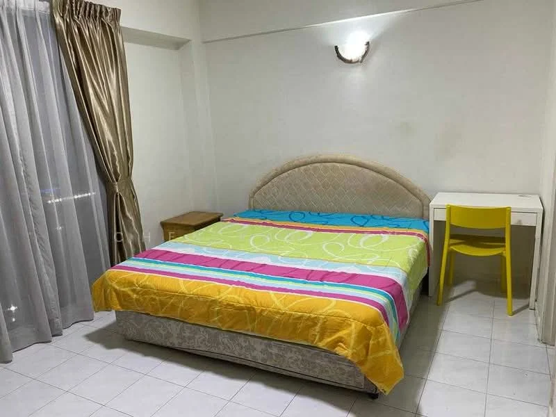 Bedroom features: queen-size bed with upholstered headboard, colorful bedspread with stripes, white walls, white tiled flooring, curtains in light grey, nightstand in wood, desk with white surface, yellow chair, wall-mounted light fixture; style: modern.