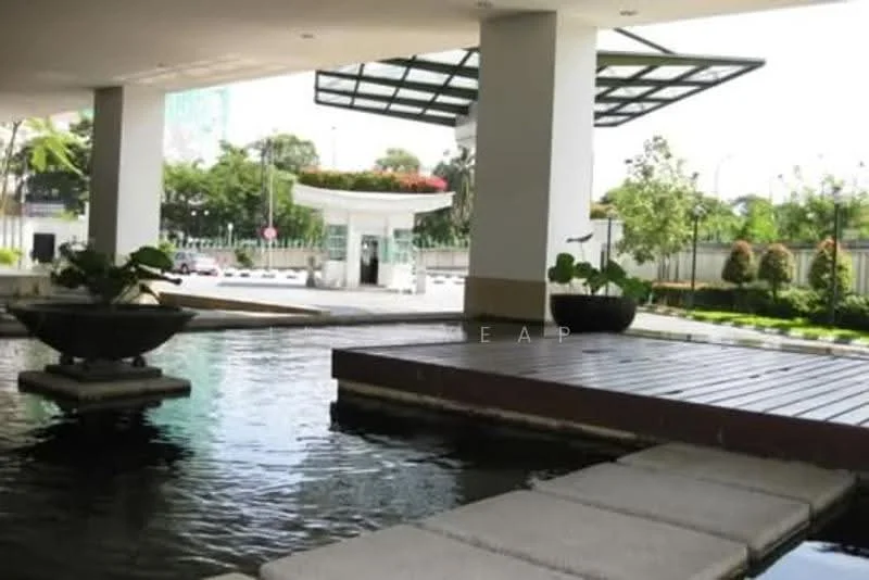 Exterior type: landscape garden; features: water feature with stone pathway, wooden deck area, planters with greenery, modern architectural design, covered entrance, surrounding landscaping with trees, paved walkway, visible entrance gate; style: modern.