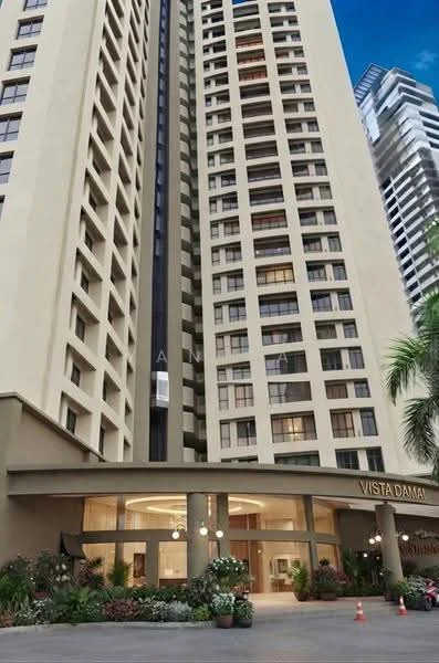 Exterior type: high-rise condominium; features: cream painted facade, glass curtain wall, recessed balconies, landscaped entrance with plants, double-volume main lobby, marble flooring at entrance, surrounded by mature greenery; style: modern.