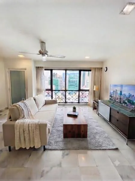 Living features: 3-seater fabric sofa in beige, wooden coffee table, area rug with geometric pattern, wall-mounted TV cabinet, floor-to-ceiling windows, ceiling fan with light, sheer curtains, decorative wall clock, marble tile flooring, light-colored painted walls; style: modern; view: city.