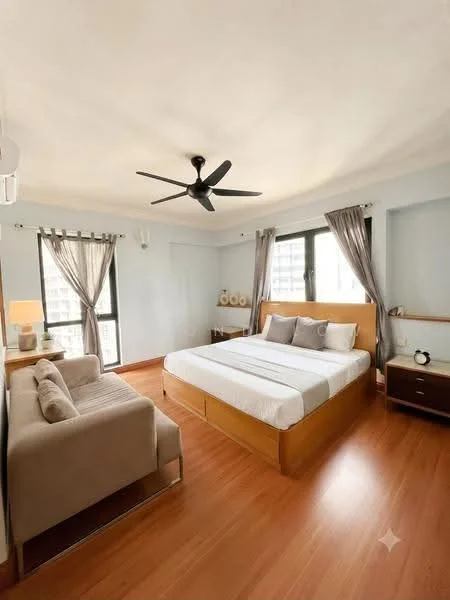 Bedroom features: king-size bed, upholstered headboard, 2 bedside lamps, wooden bedside table, sofa, ceiling fan with light, floor-to-ceiling windows, curtains, wooden flooring, decorative wall art; style: modern; view: city.