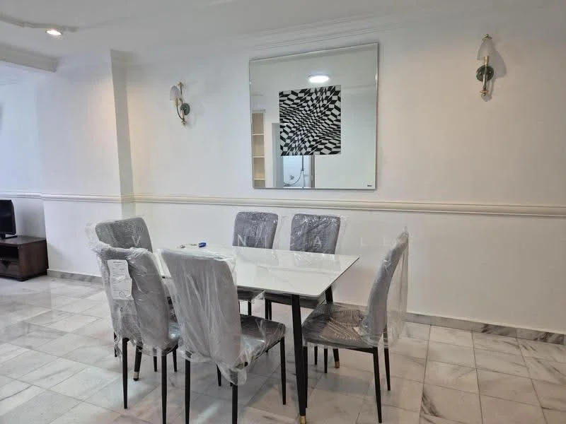 Dining features: white marble flooring, white painted walls, ceiling lights, rectangular dining table with white top, 6 upholstered dining chairs with plastic covers, decorative mirror on wall, abstract artwork on wall, wall sconces; style: modern.