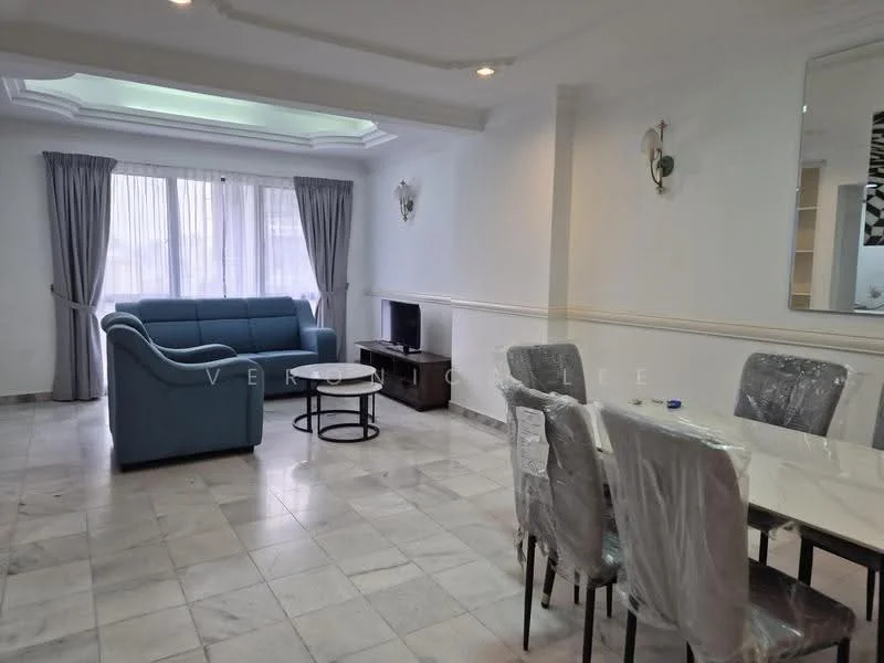 Living features: blue fabric sofa, coffee table, wall-mounted TV, dining table with 6 chairs, marble flooring, white painted walls, crown moulding, recessed ceiling with lighting, curtains on windows, wall sconces; style: modern.