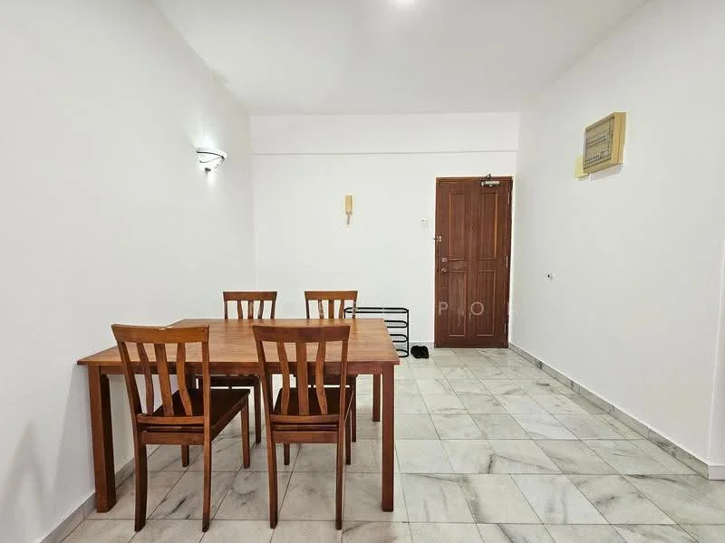 Dining features: wooden dining table, 4 wooden dining chairs, white painted walls, marble tile flooring, wall-mounted light fixture, door with wooden frame, wall-mounted air conditioning unit; style: minimalist.