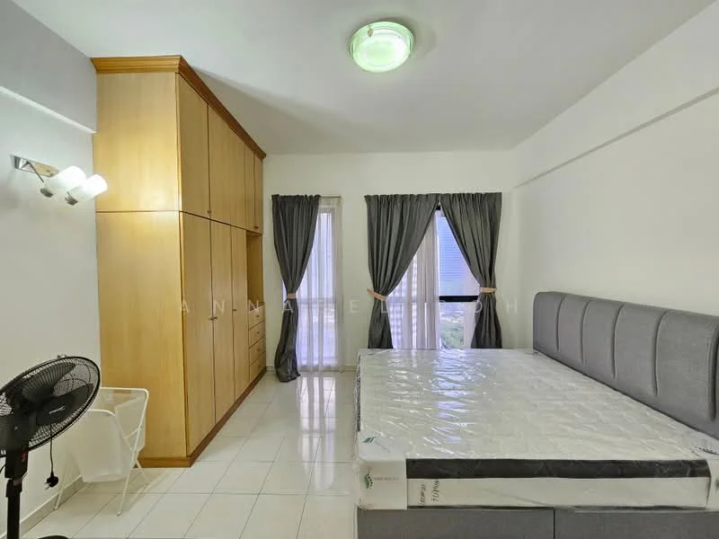 Bedroom features: queen-size bed, upholstered headboard, built-in wardrobe with wooden finish, floor-to-ceiling windows, grey curtains, white walls, white tiled flooring, ceiling light fixture, wall-mounted lamp, standing fan, basket for storage; style: modern.