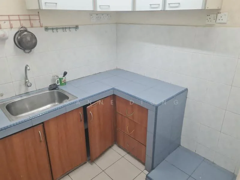 Kitchen features: single-bowl stainless-steel sink, chrome faucet, blue tiled countertop, wood cabinetry with brown finish, two lower cabinets, one upper cabinet, white tiled walls, ceramic tile flooring.