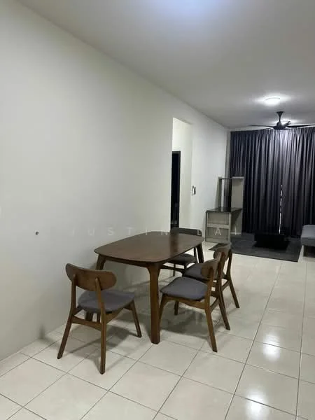 Dining features: square wooden dining table, 4 wooden dining chairs with grey upholstery, cream painted walls, white tiled flooring, recessed ceiling lights, curtains in dark grey, open space layout, wall-mounted display cabinet; style: modern. Room features: white walls, white tiled flooring, recessed ceiling lights.