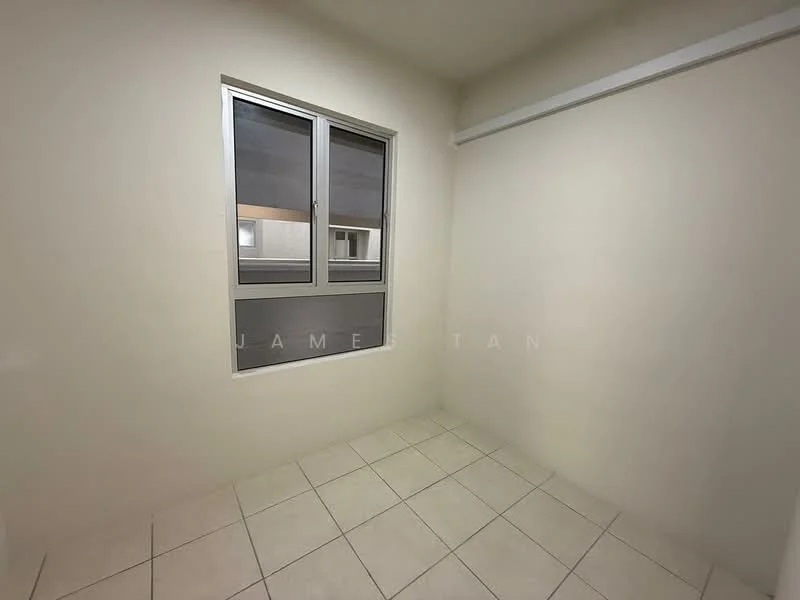 Room features: white painted walls, tile flooring, two windows, neutral color scheme.
