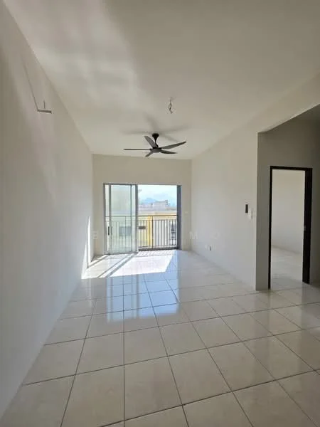 Living features: white painted walls, glossy ceramic tile flooring, 5-blade ceiling fan, floor-to-ceiling sliding glass door, balcony access, natural light from large windows, neutral color scheme, open layout; style: modern; view: city.