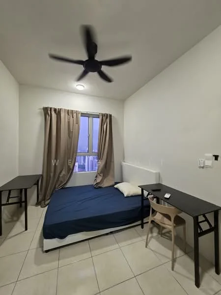 Bedroom features: single bed with blue bedding, white headboard, two side tables, ceiling fan with 3 blades, window with sheer curtains, tile flooring, white painted walls, light fixture in ceiling; style: modern.